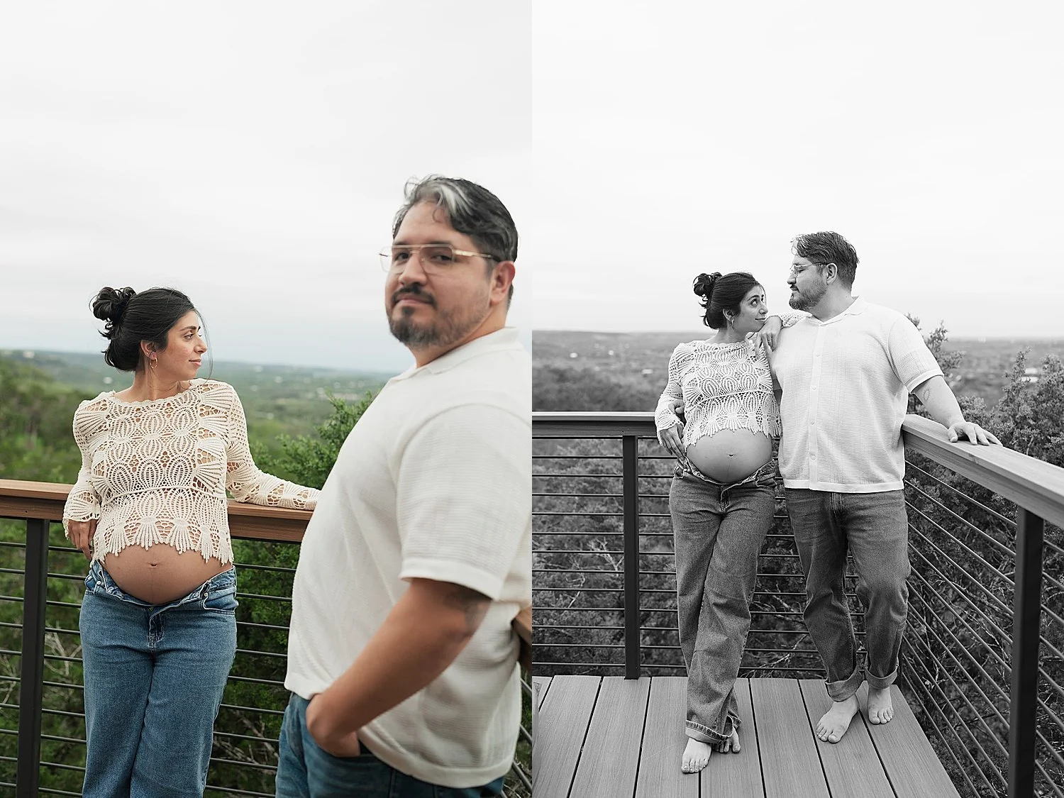  pregnant woman leans against balcony with her husband by Austin maternity photographer 
