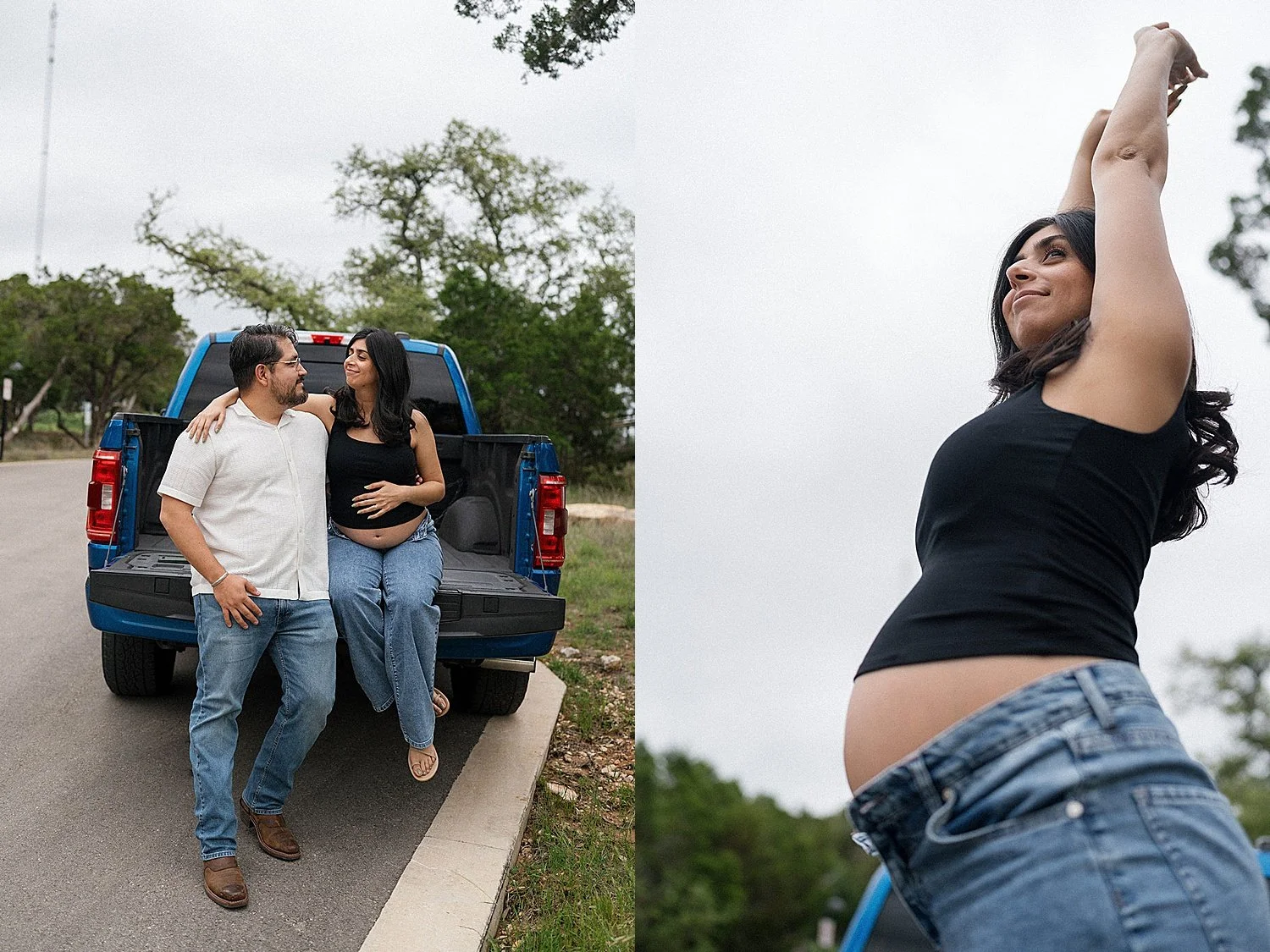  man and woman lean on blue truck by Jessica Joseph Photography 