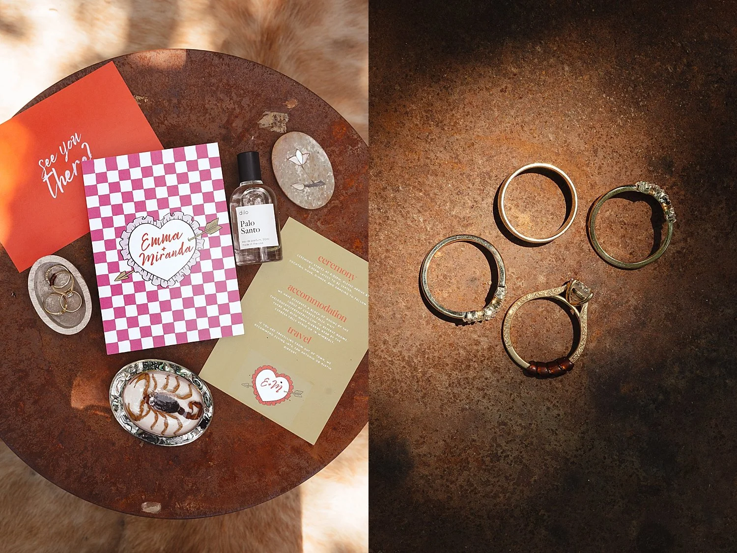  invitation and rings set out for colorful wedding celebration 