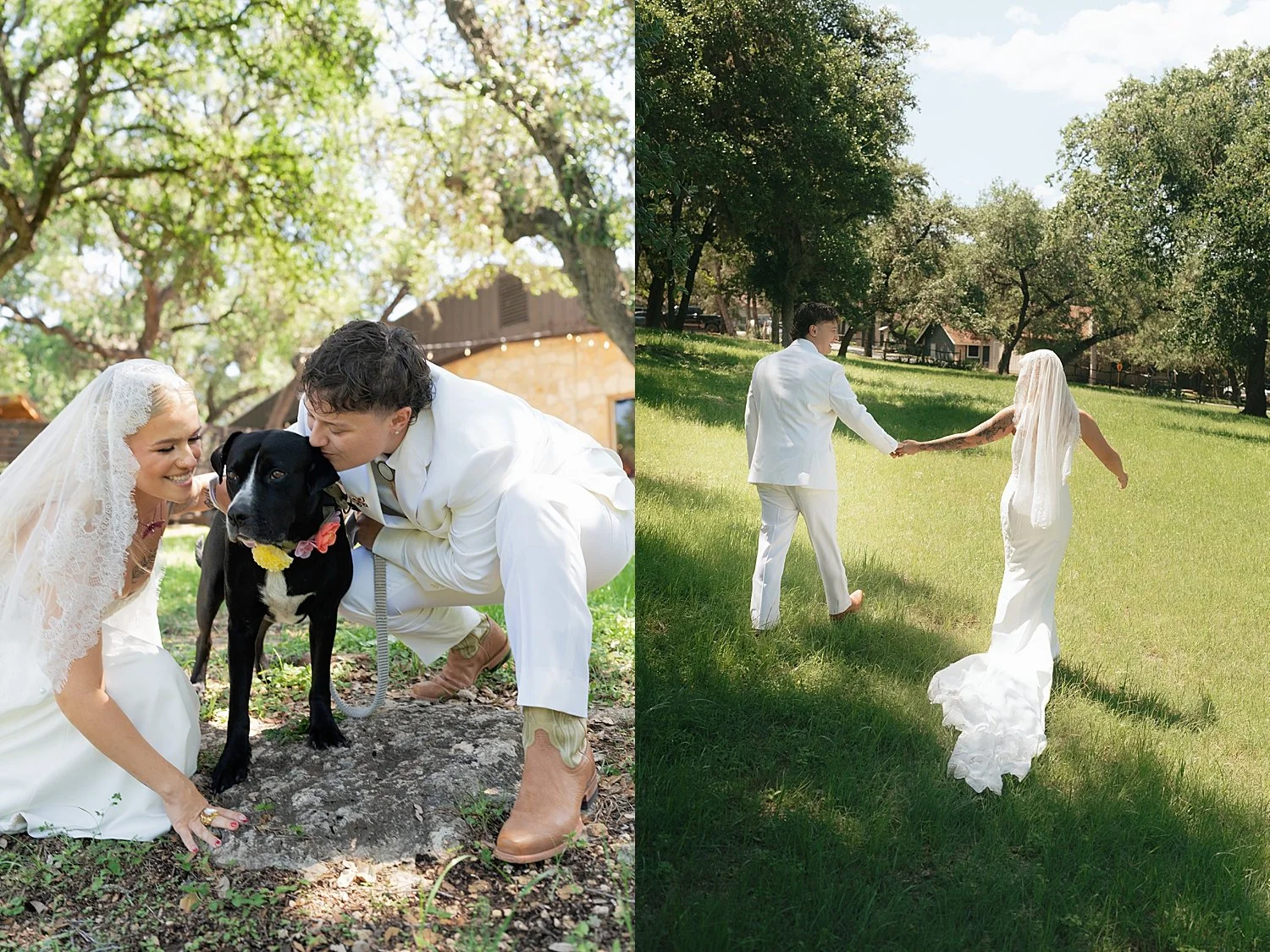  two brides kneel down to kiss their dog for colorful wedding celebration 