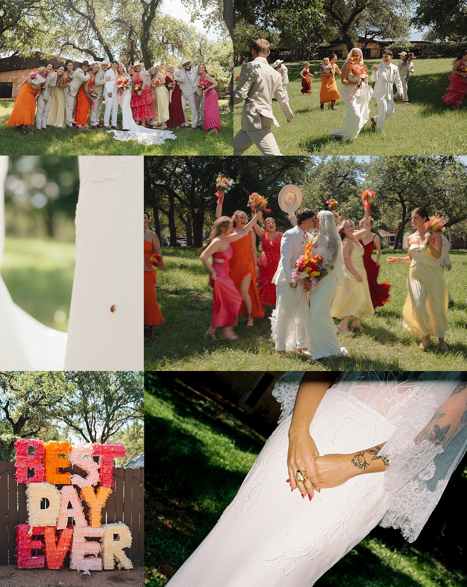  bridesmaids and groomsmen in bright dresses and tan suits on lawn by Austin wedding photographer 