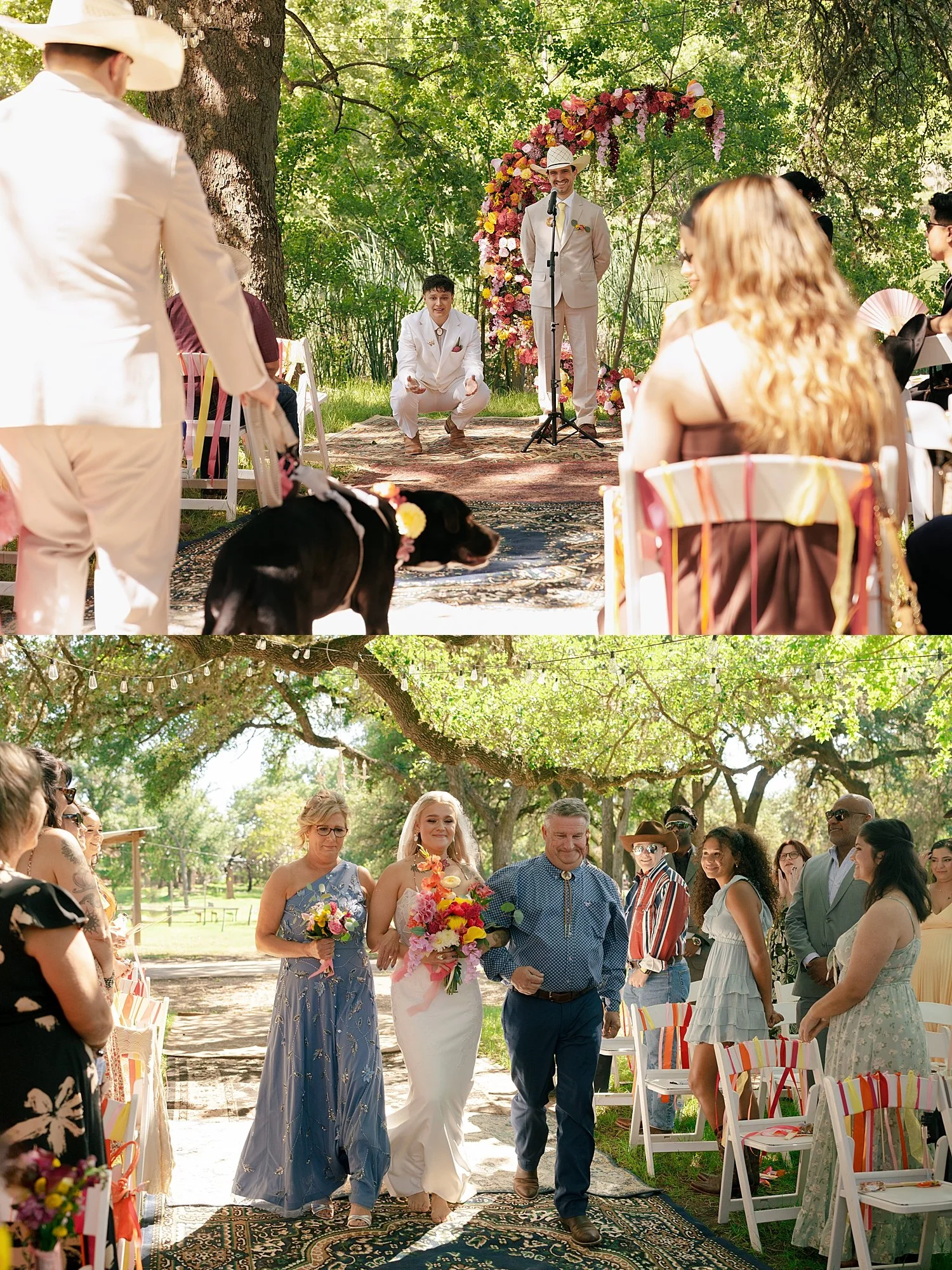  bride walks down the aisle for outdoor ceremony at colorful wedding celebration 
