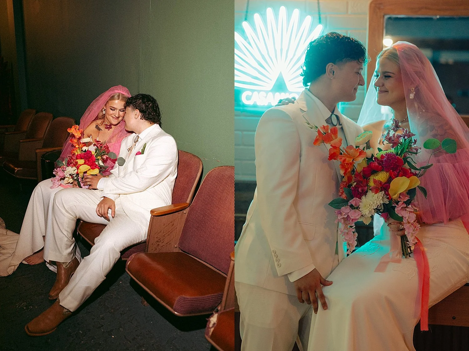  two wives sit in vibey dive bar for newlywed portraits by Jessica Joseph Photography 