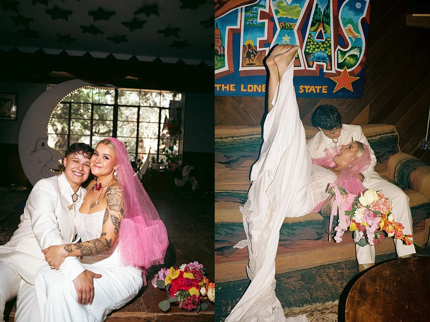  couple lounge on dive bar couch after getting married by Austin wedding photographer 