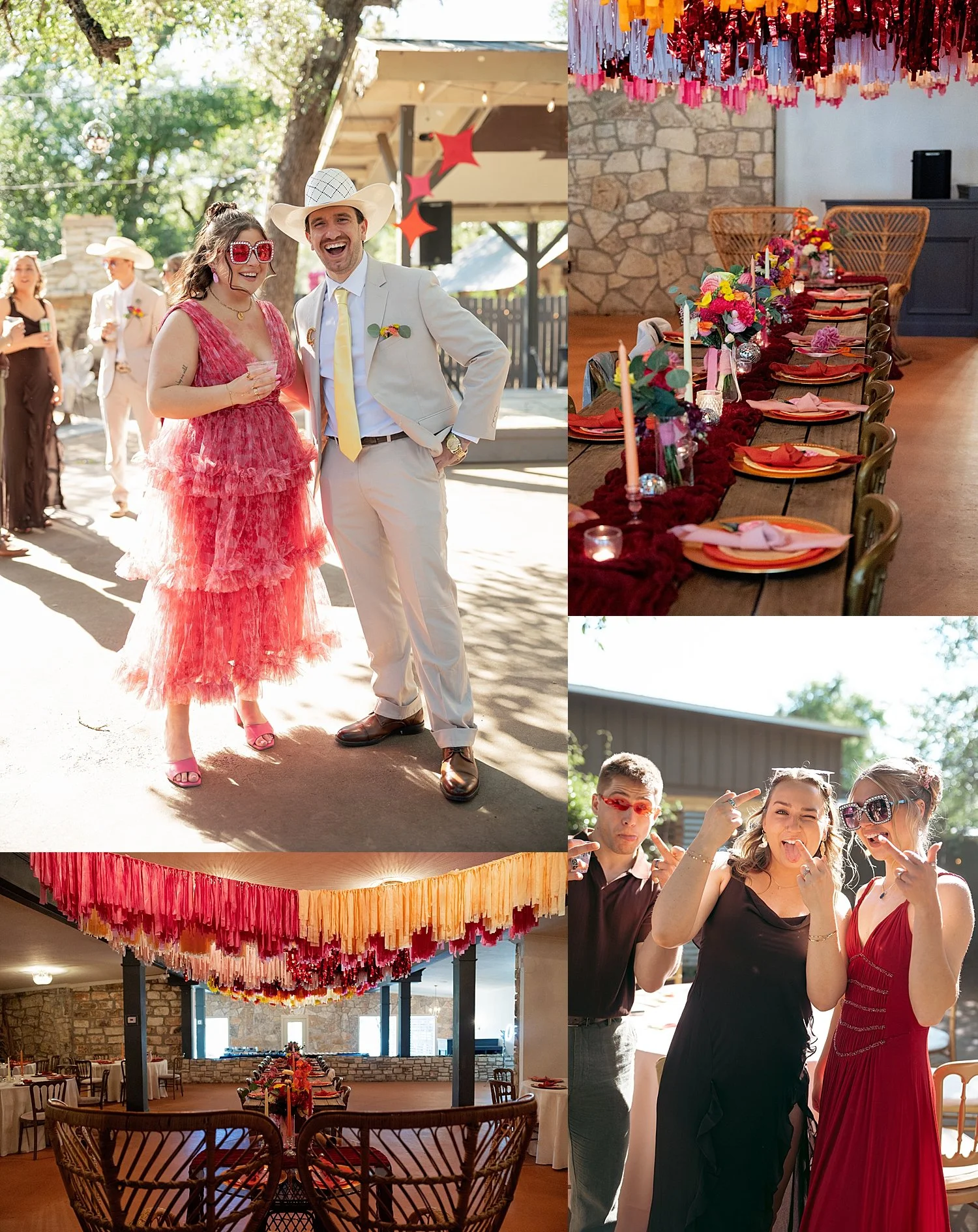  guests mingle on patio for colorful wedding celebration 