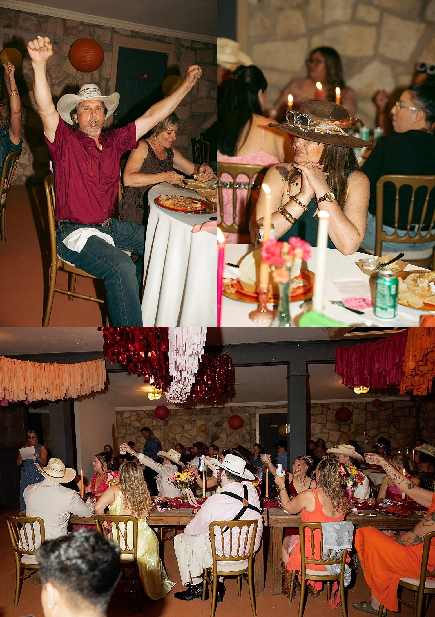  guests cheer during toasts at reception by Austin wedding photographer 