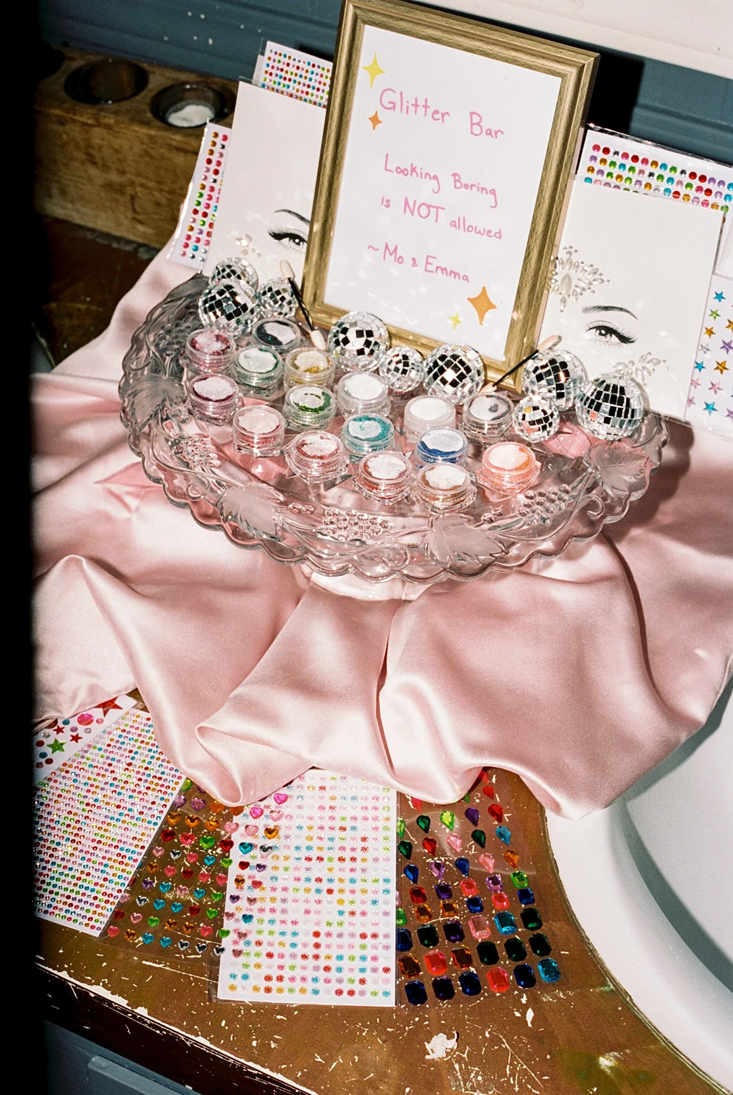  glitter bar set out during reception for colorful wedding celebration 