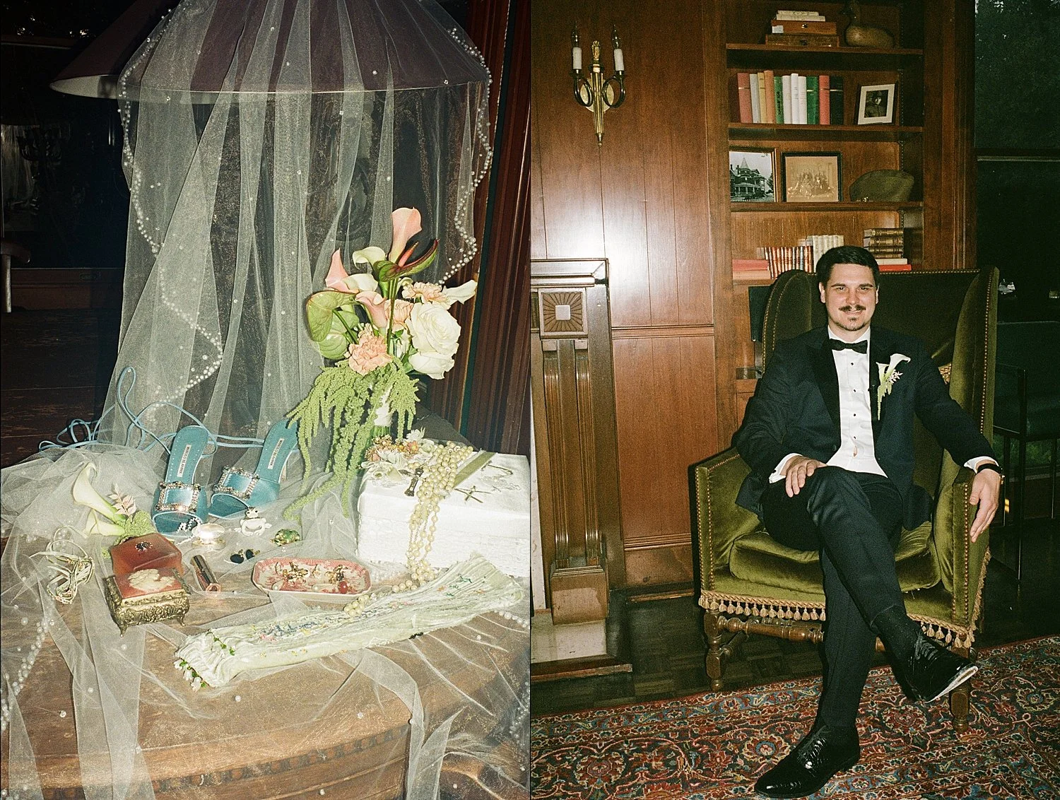  blue shoes sit on veil next to groom by Jessica Joseph Photography 