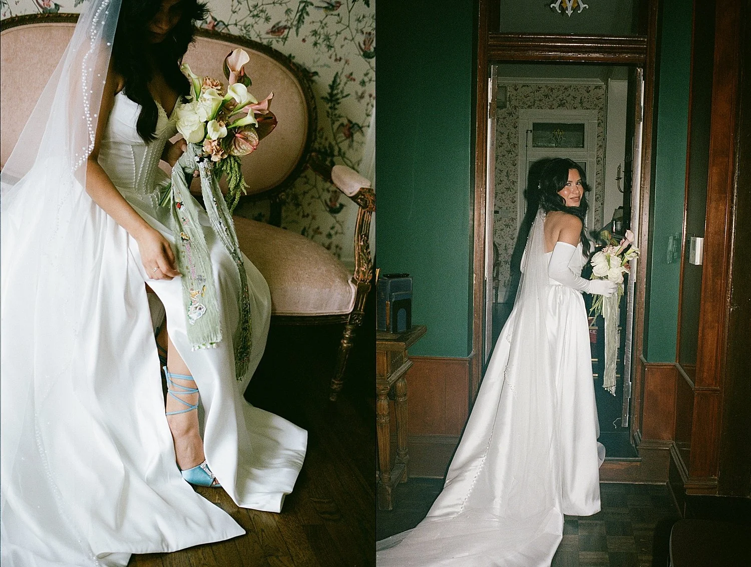  bride sits on settee before ceremony at Woodbine Mansion 