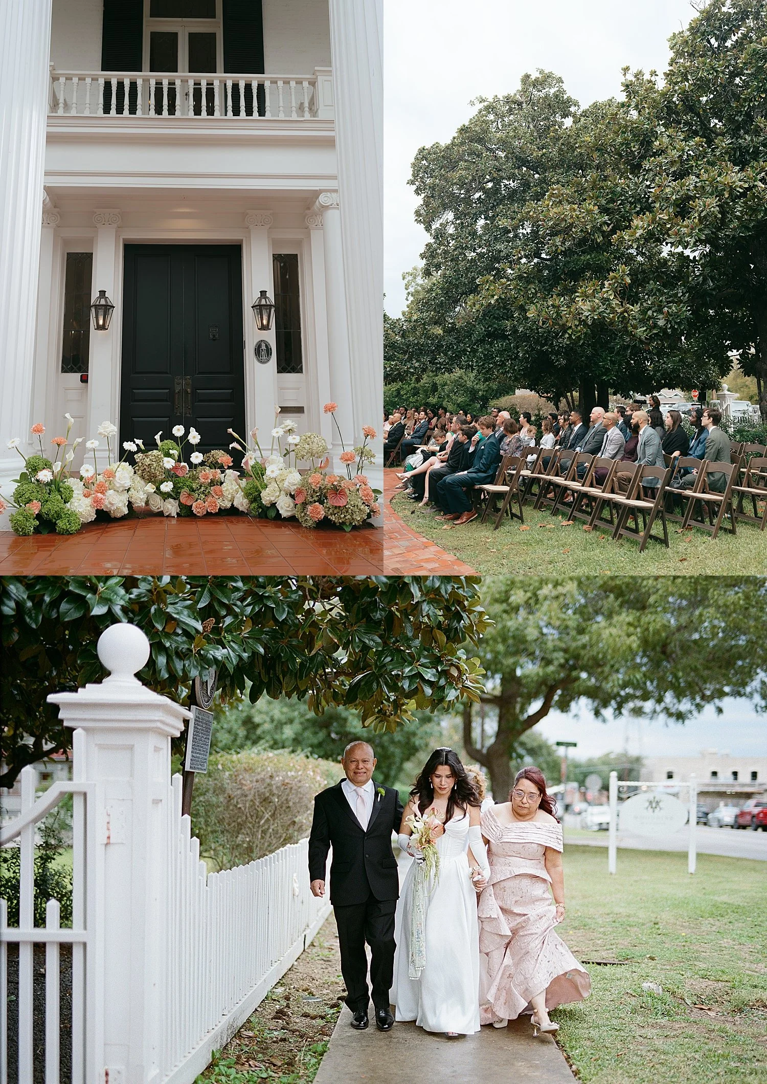  woman walks up sidewalk to Woodbine Mansion for ceremony 