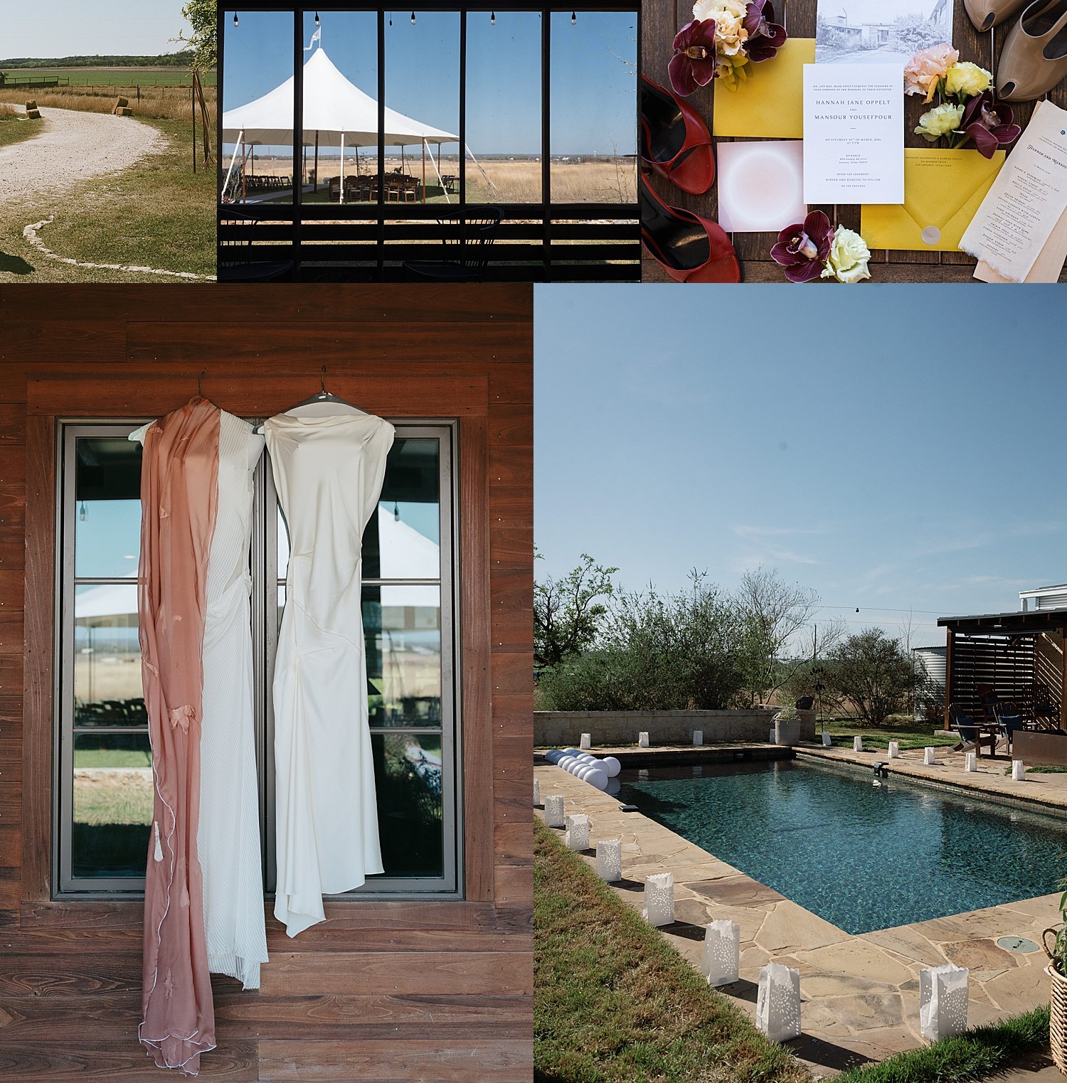  wedding dress hung by pool for backyard wedding in Texas Hill Country 