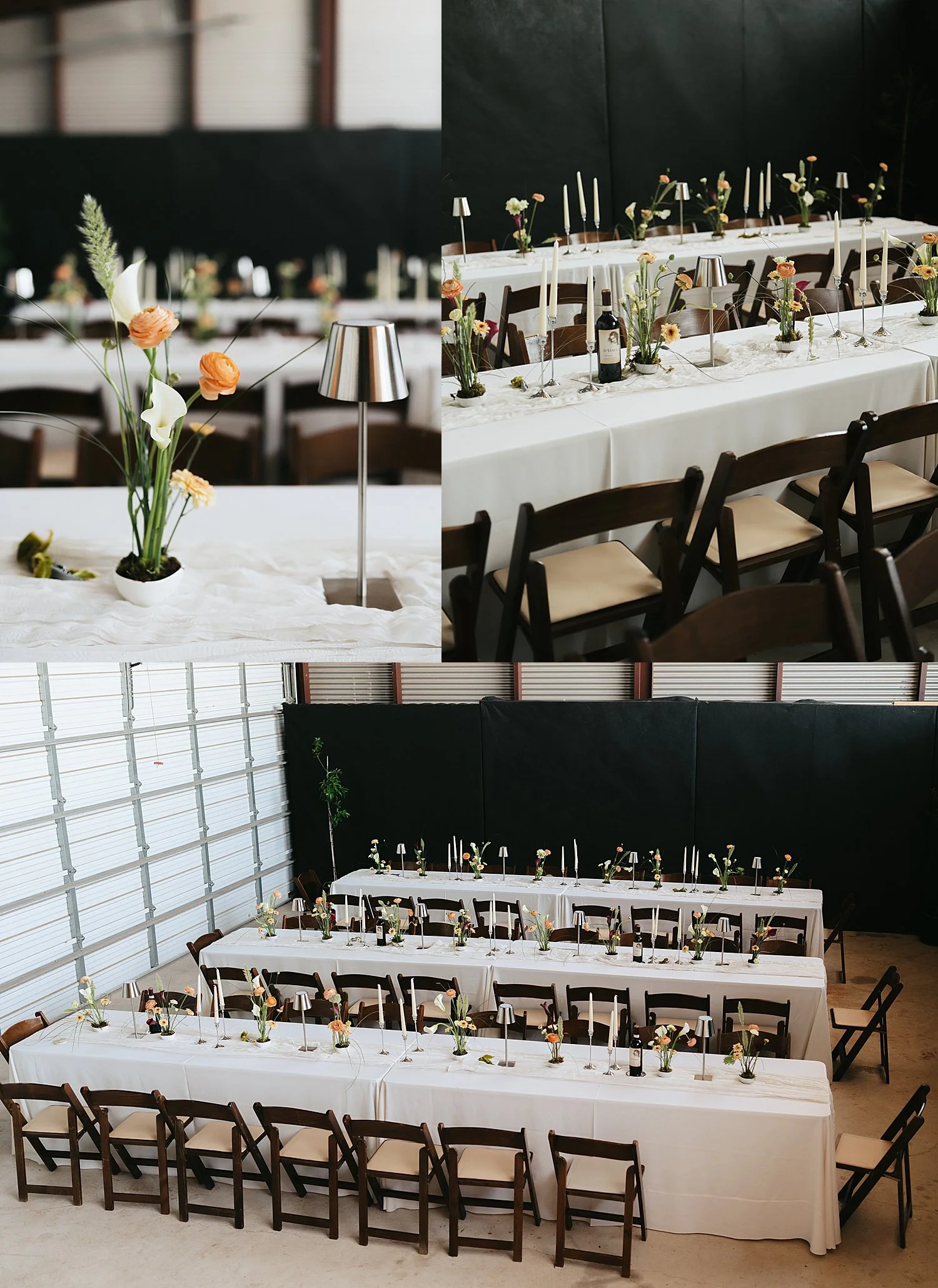  long tables set up for barn reception by Austin photographer 