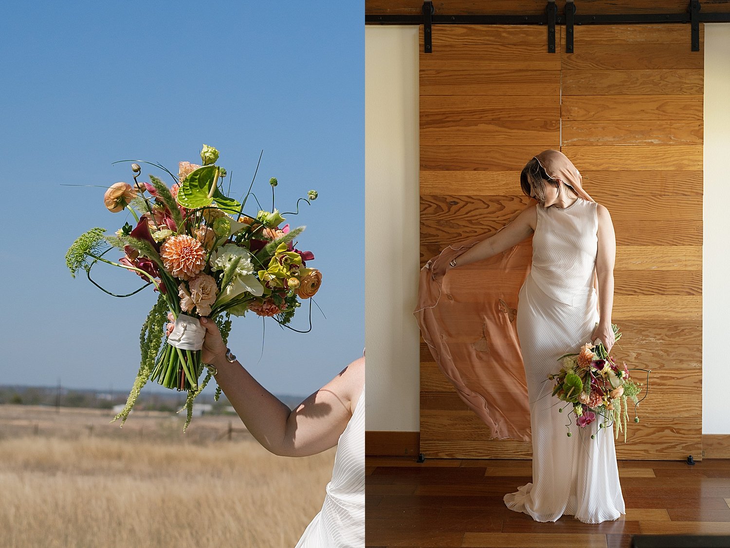  bride lifts up colorful bouquet outside for backyard wedding in Texas Hill Country 