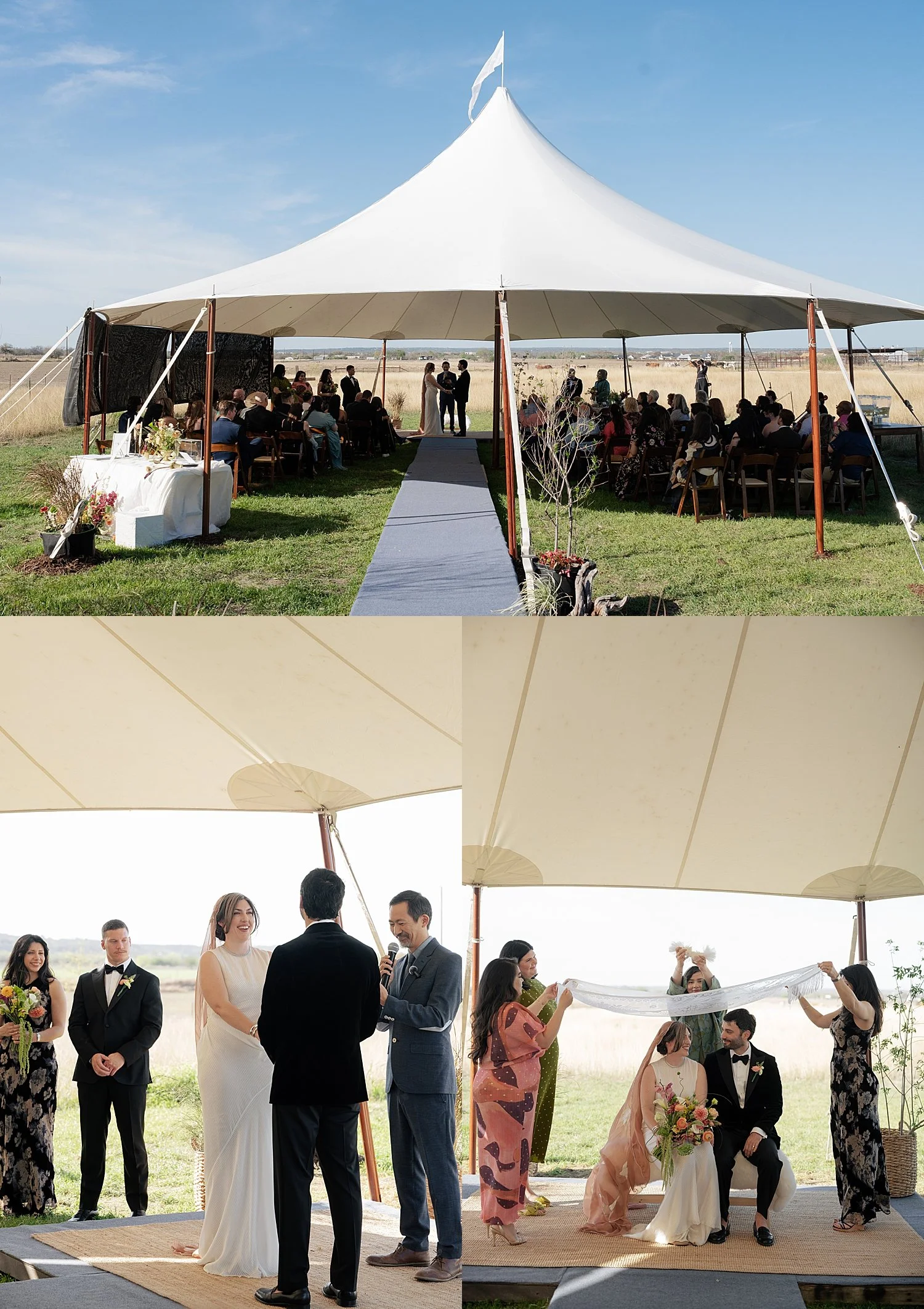  large white tent set up for ceremony on lawn for backyard wedding in Texas Hill Country 