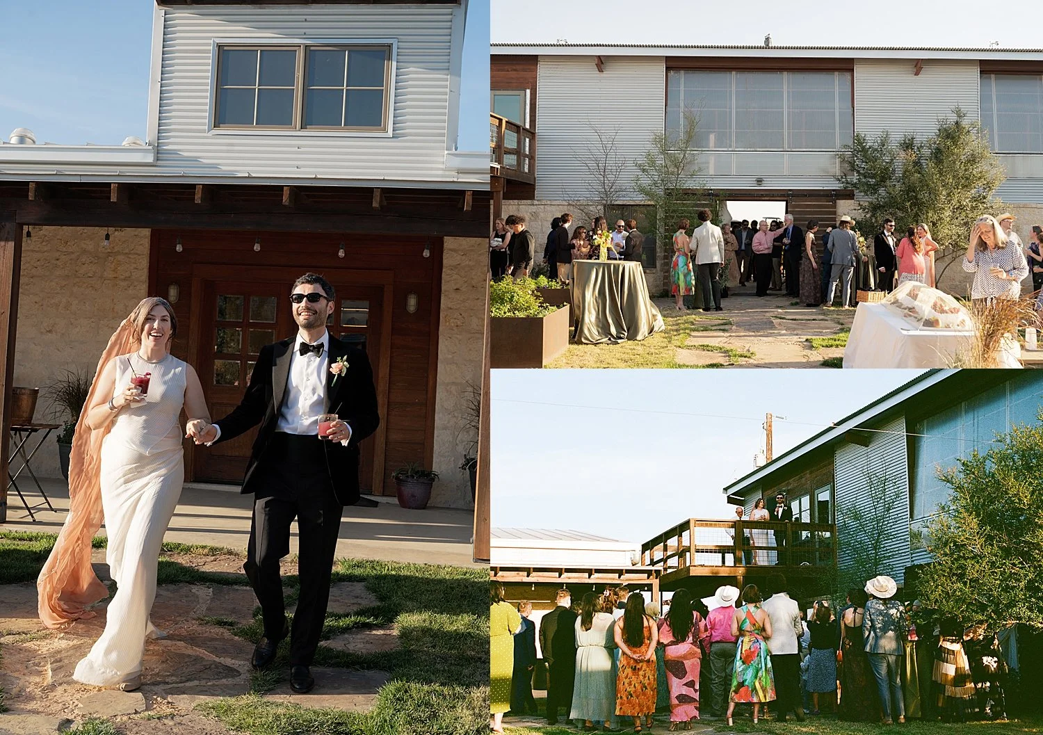  bride and groom approach ceremony on lawn for backyard wedding in Texas Hill Country 