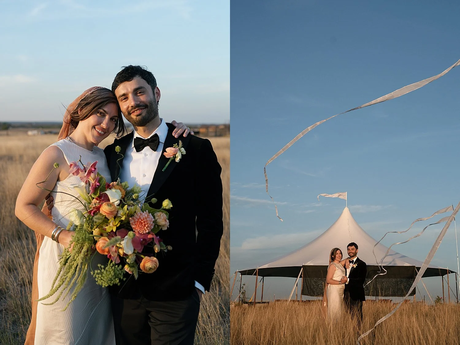  newlyweds stand by tent outside with ribbons floating around by Austin photographer 