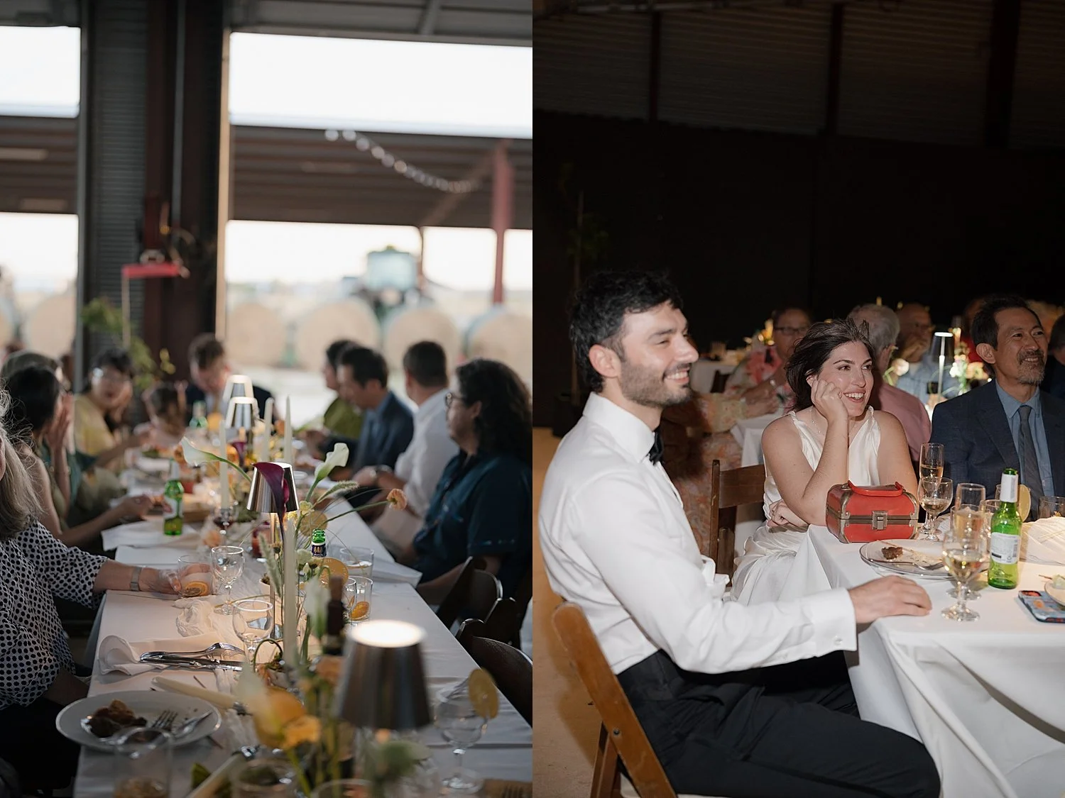 guests eat dinner at long table during reception by Austin photographer 