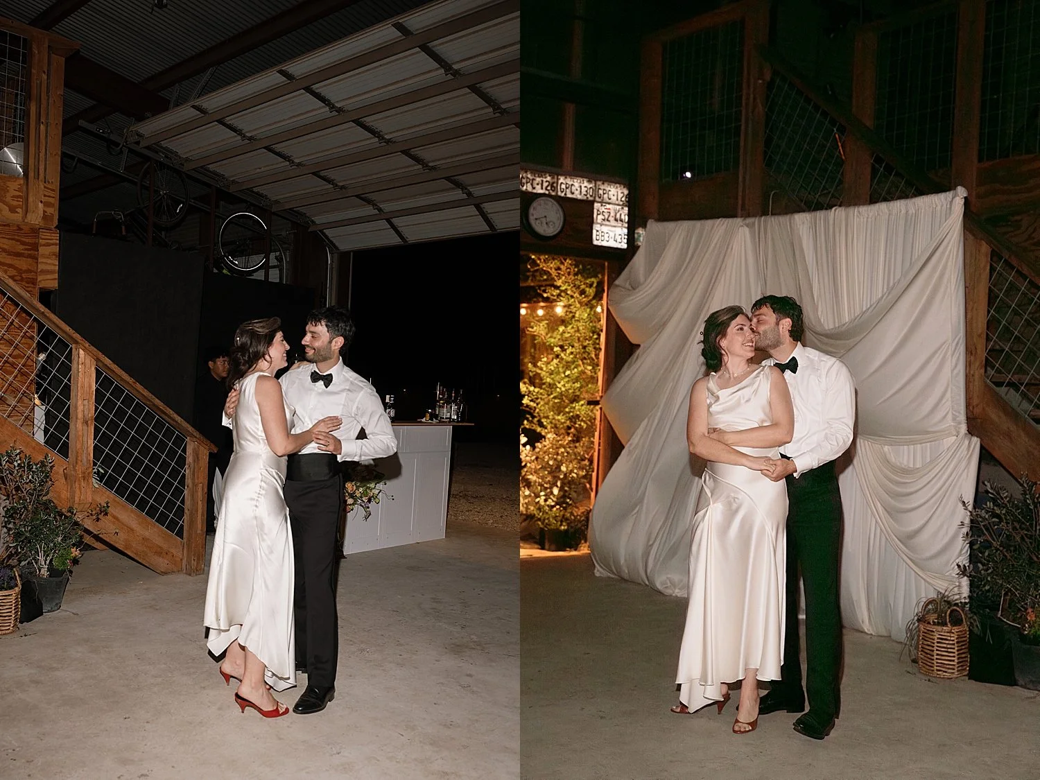  newlyweds kiss in front of white sheet at barn by Austin photographer 