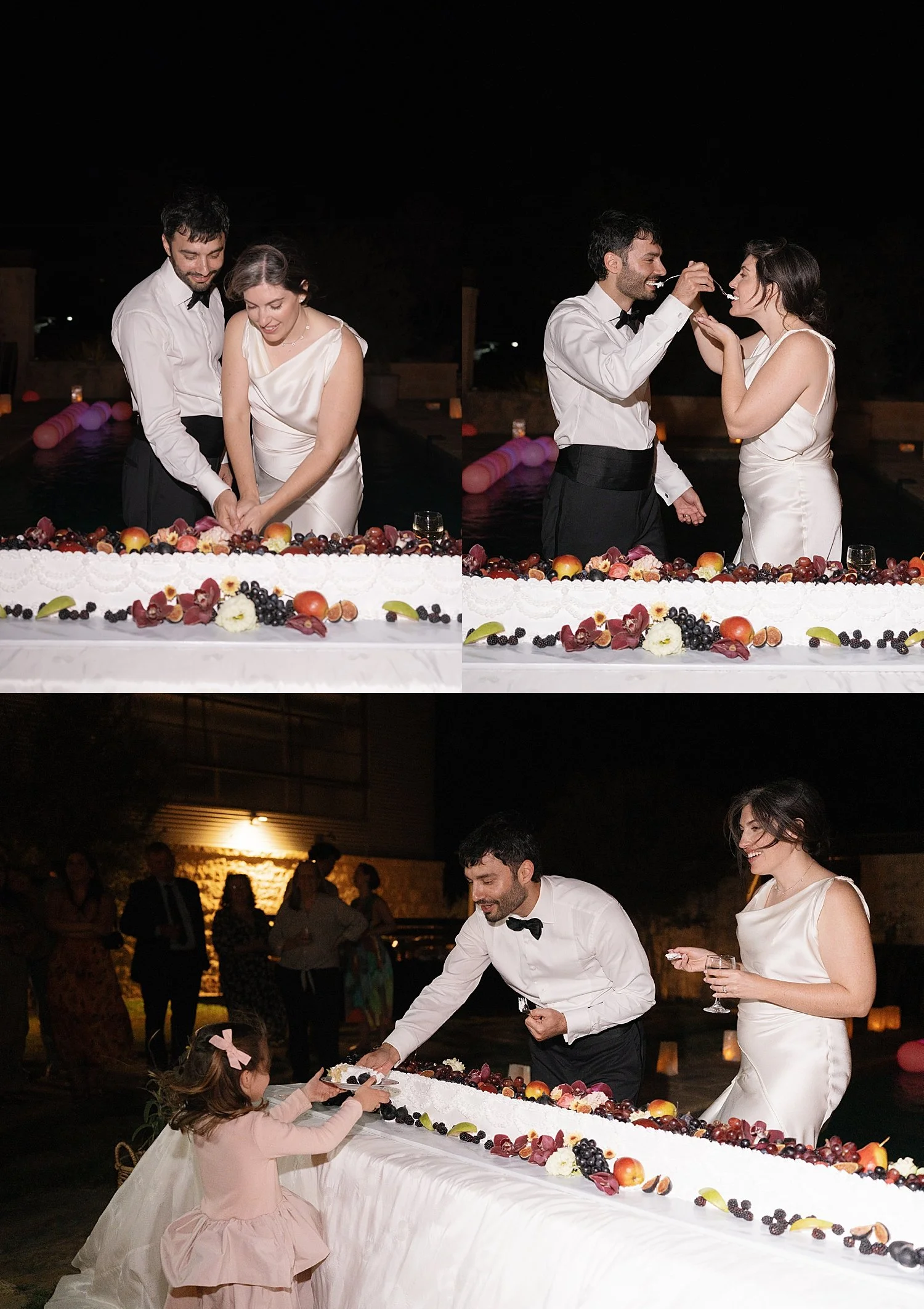  newlyweds cut cake in barn reception at backyard wedding in Texas Hill Country 