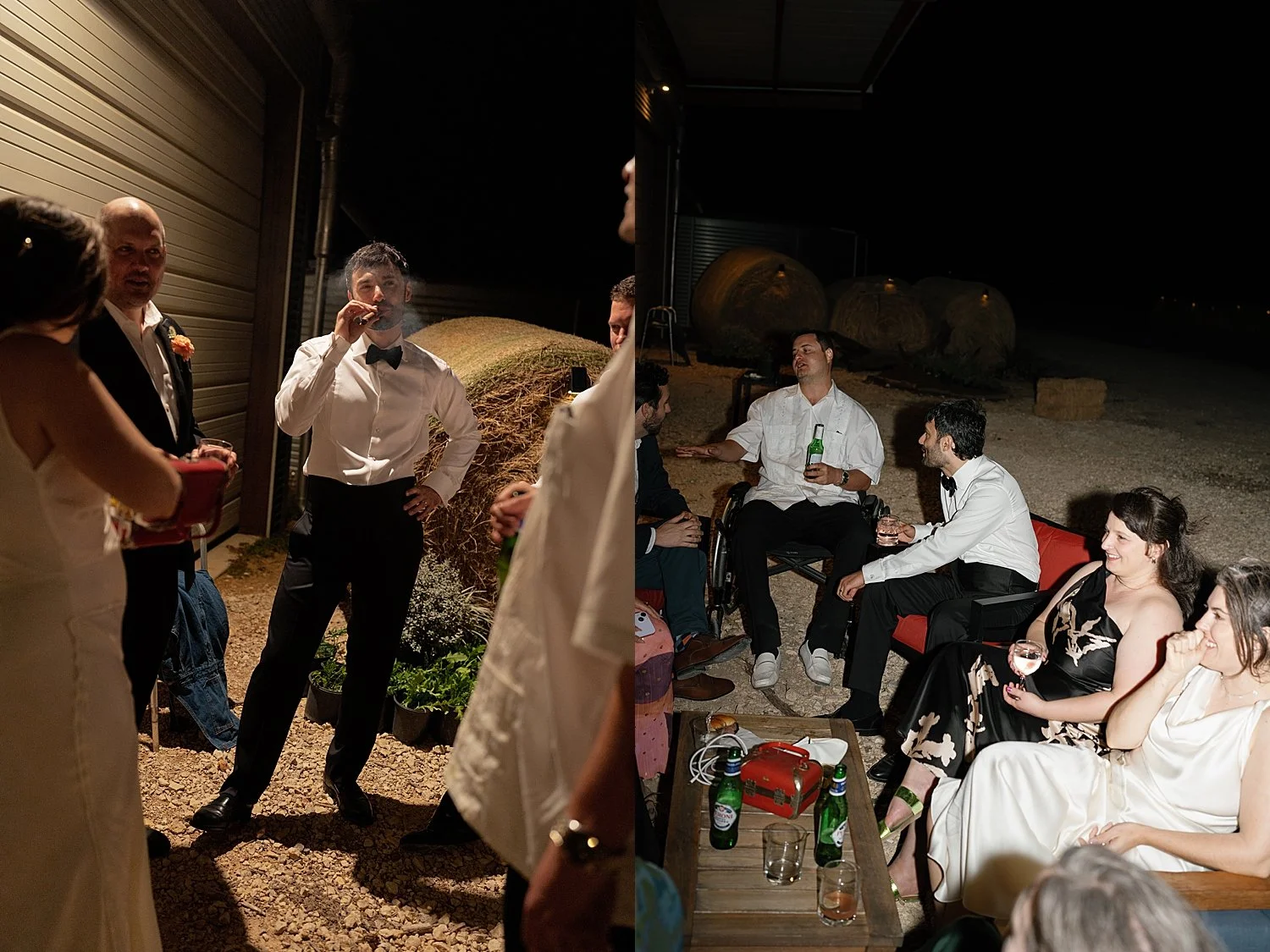  guests mingle outside after dark by Austin photographer 