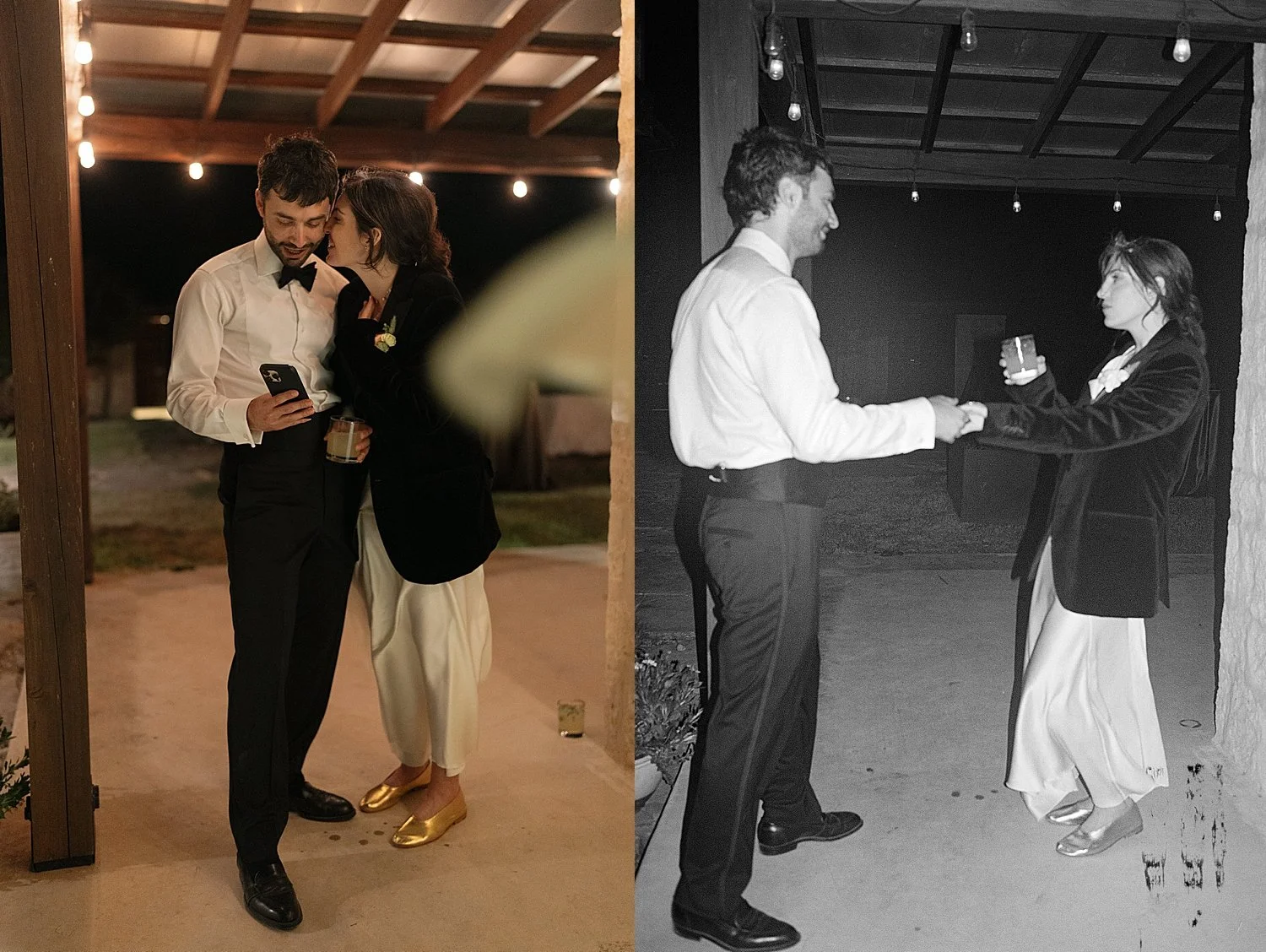  newlyweds share a laugh together in barn at backyard wedding in Texas Hill Country 