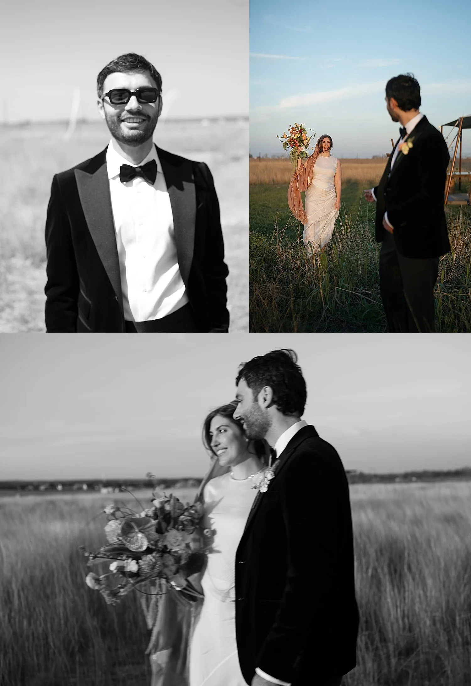  bride and groom stand in big open field by Jessica Joseph Photography 