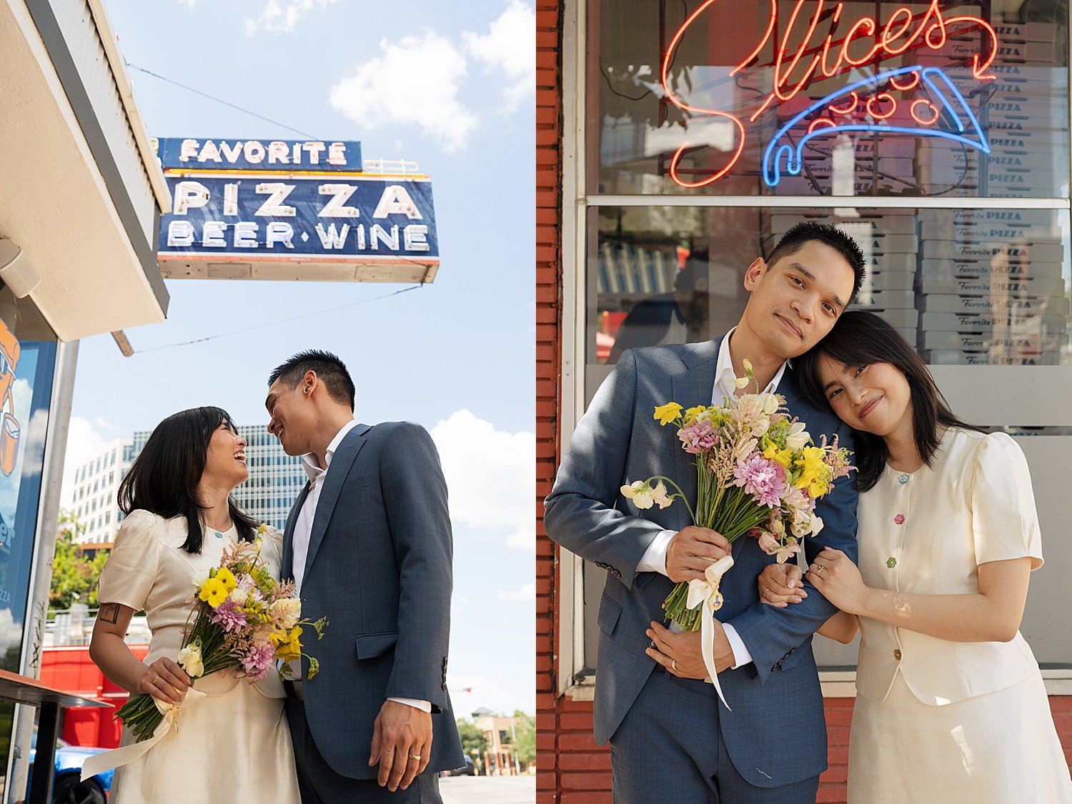  newlyweds under Favorite Pizza sign for a quintessential Austin elopement 