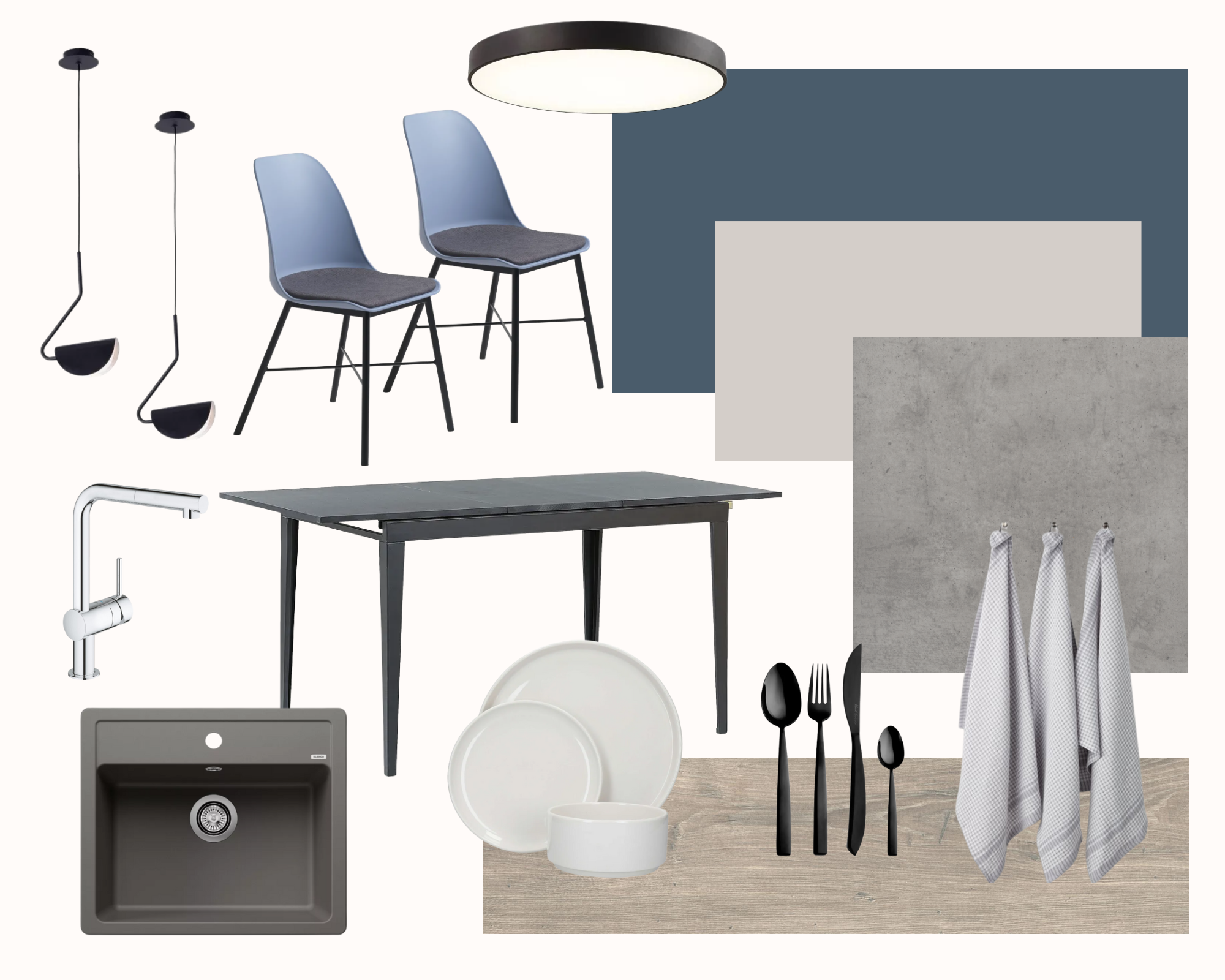 kék szürke konyha moodboard