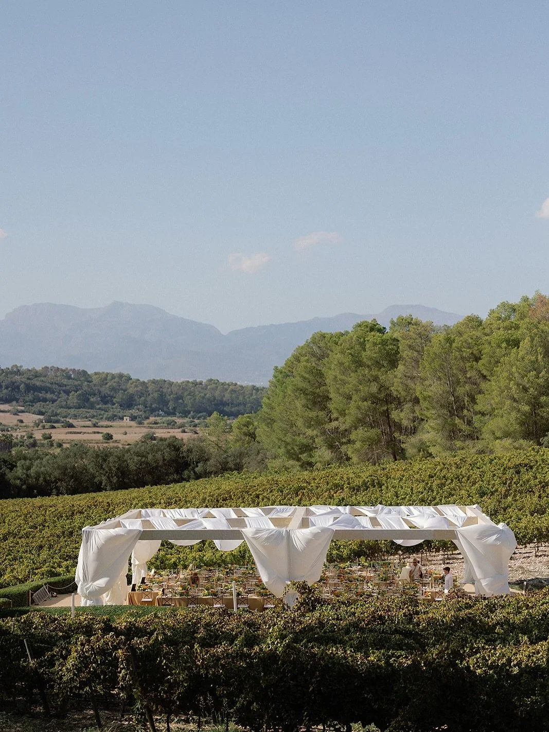 S&amp;H&rsquo;s dinner at the Finca Serena Vineyards. 

Guests found their seats via personalised cream leather luggage tags before making their way to a raised platform where a draped wooden pergola, adorned with long tables, awaited them.

Inspired