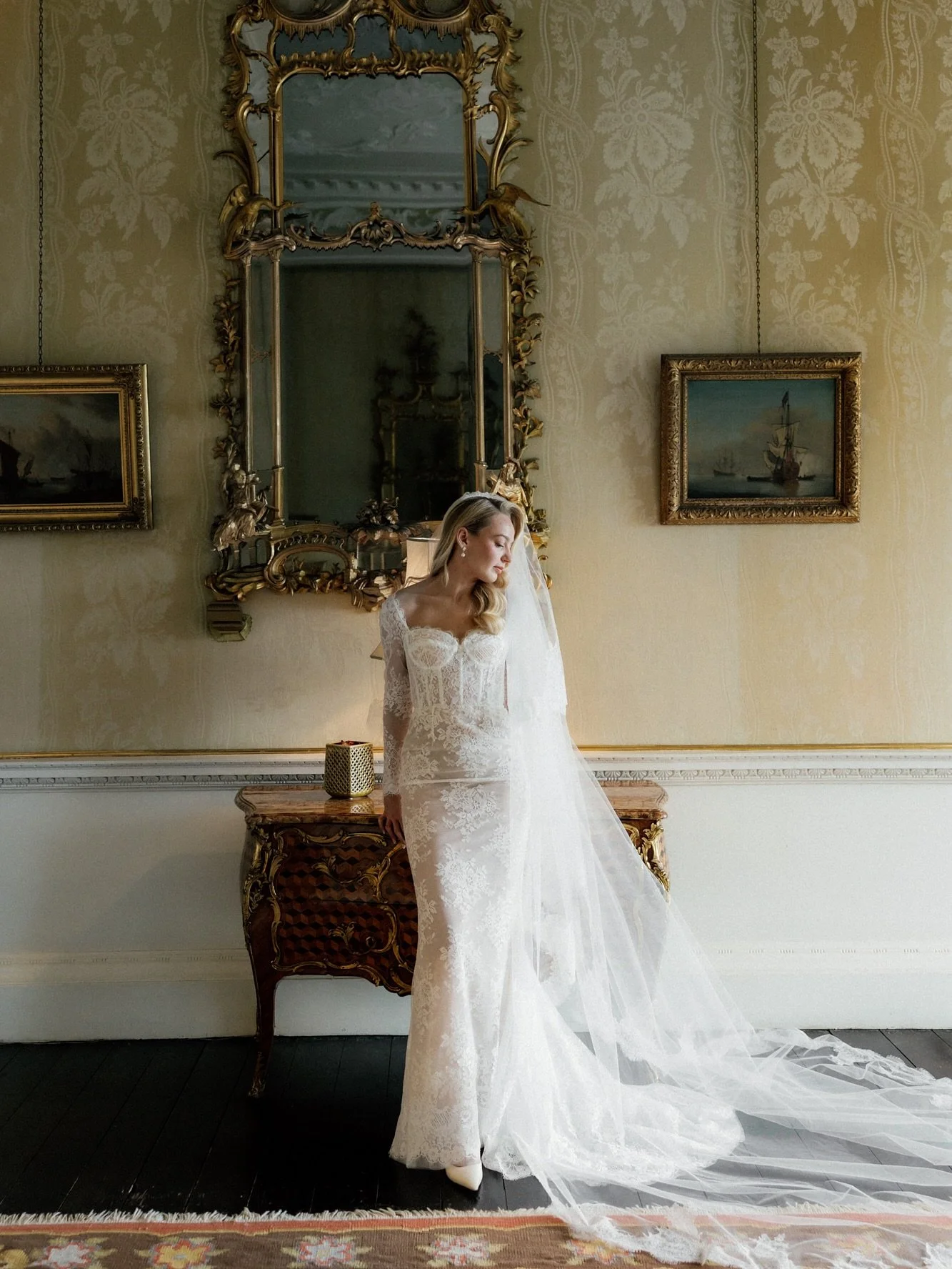 A Zuhair Murad gown and veil from  @theweddingclubofficial 

Planning &amp; Design @inawe_weddings 
Photographer @emmawilderphoto
Venue @ragleyhall
Florist @dreamboatsandcarousels
MUA @evebridalbeauty
Hair Stylist @hair_by_duboux
Day Dress Designer @