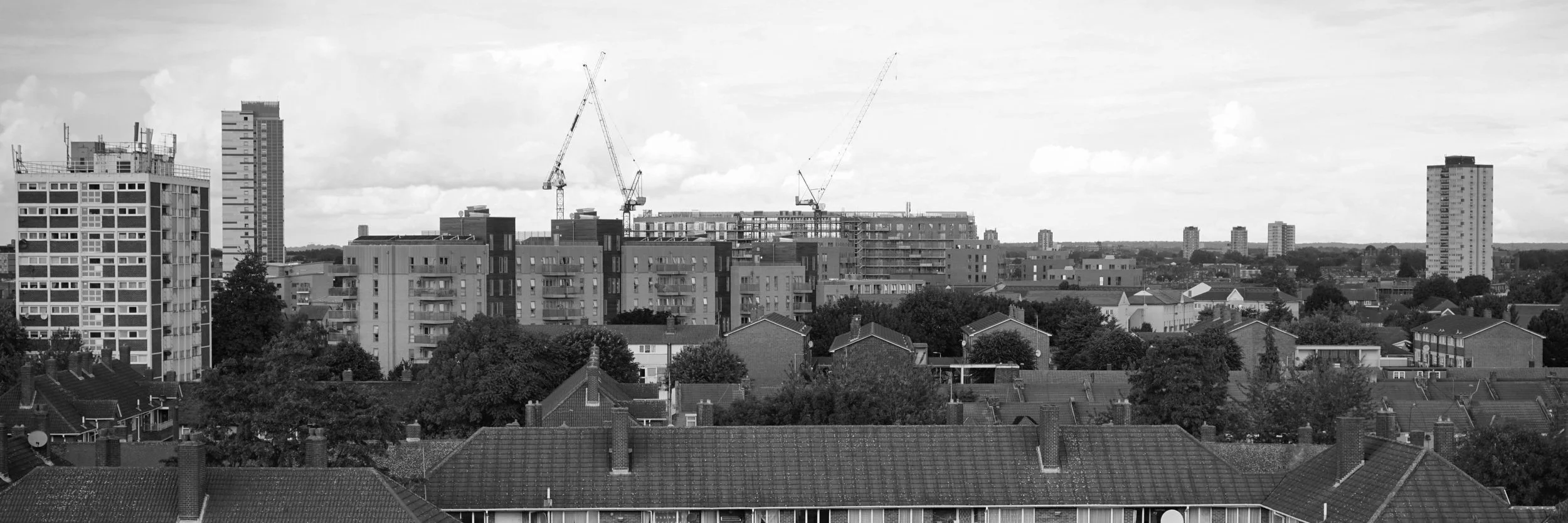 Black and white cityscape with residential houses in the foreground, mid-rise apartment buildings and high-rise skyscrapers in the background, with construction cranes on several buildings under development.