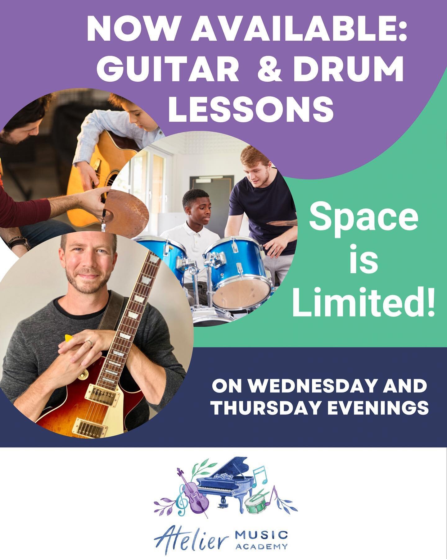 Guitar and drum lessons available on Wednesday and Thursday evenings with Kyle. Register today to reserve your spot.