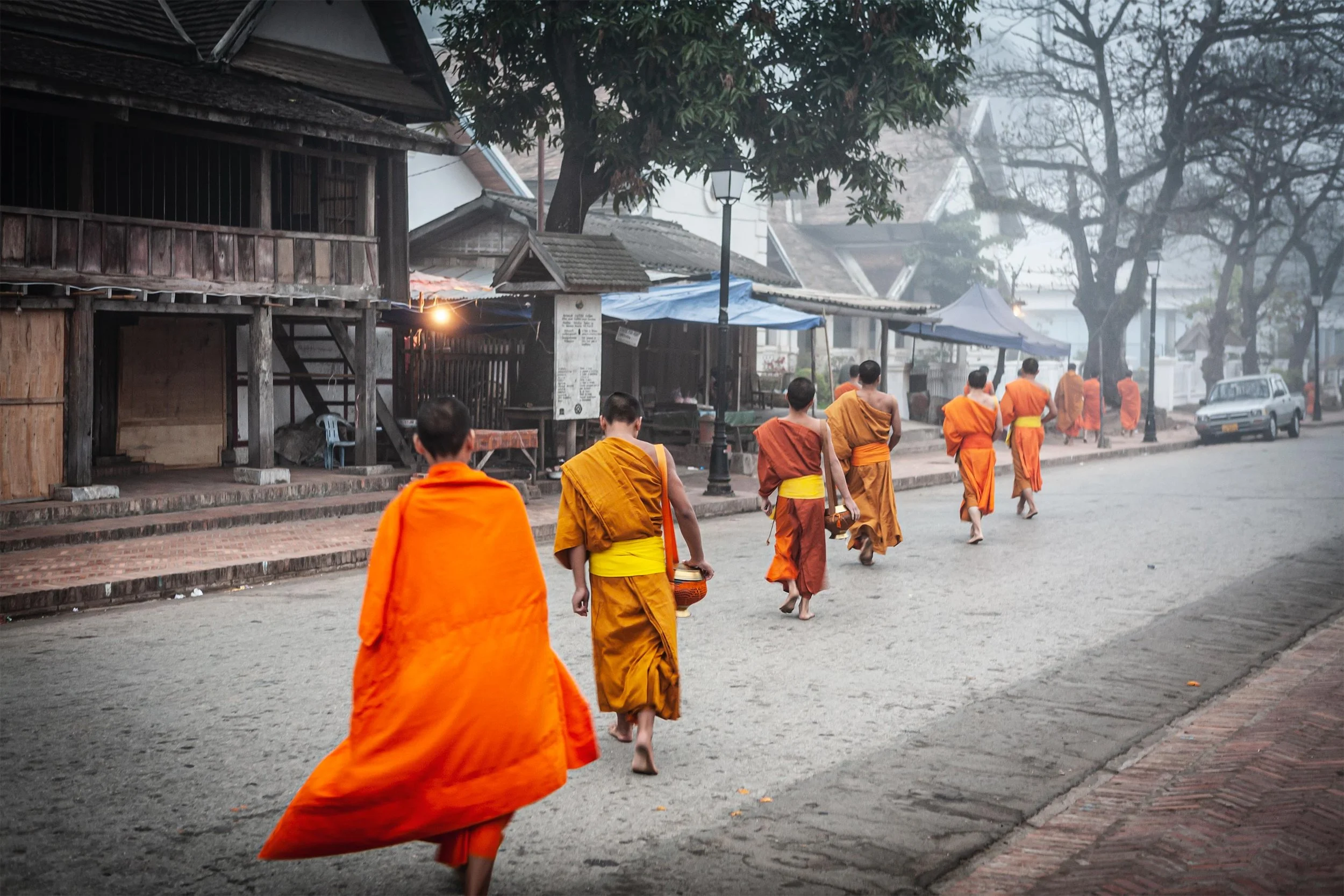 Monks on a morning walk, main street of Luang Prabang, Laos.