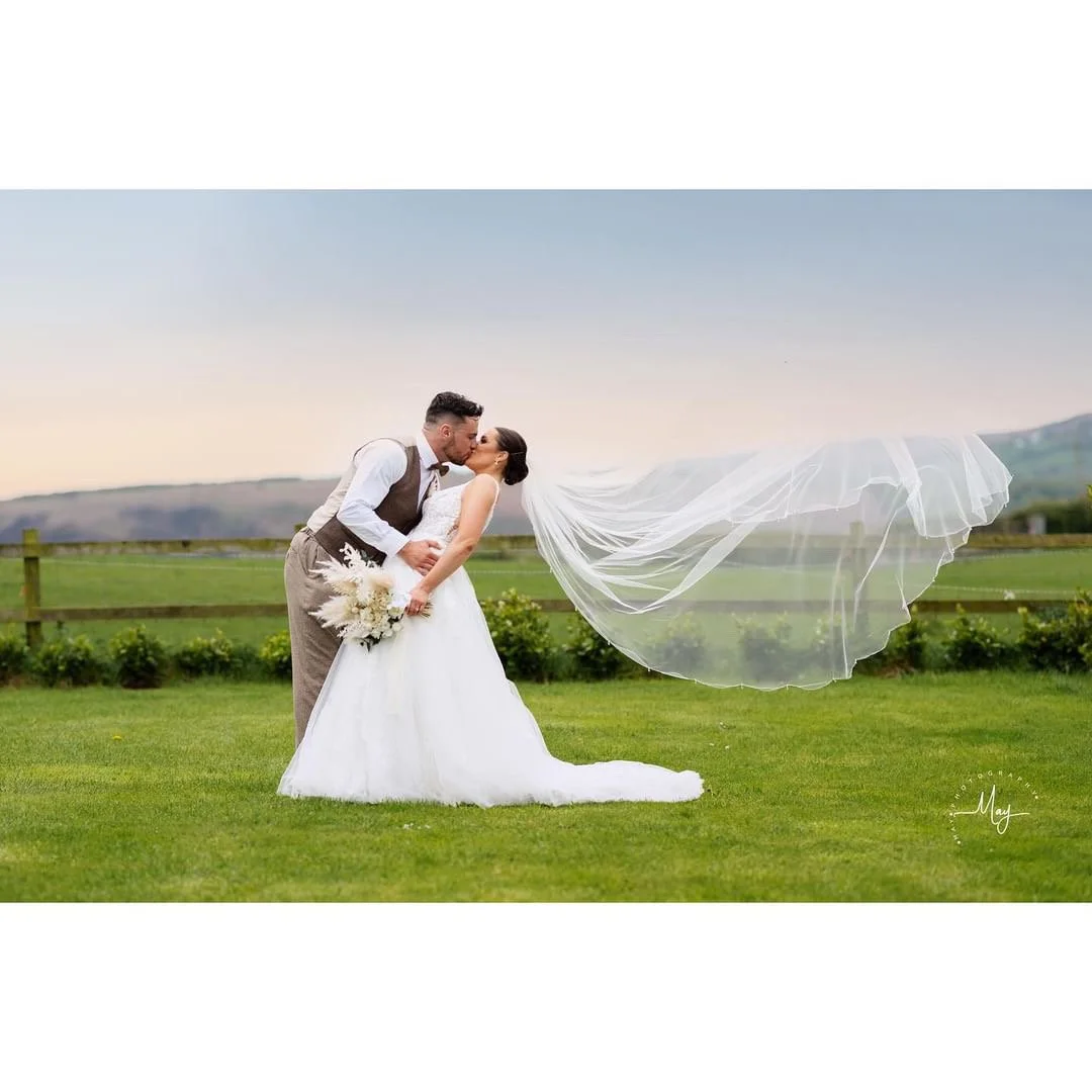 Bride and groom kissing on a grassy field, bride's veil blowing in the wind, mountains in background.