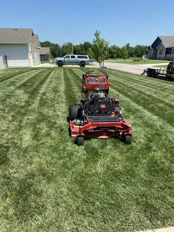 Lawn mower on freshly cut grass in a suburban yard with houses and a pickup truck in the background.