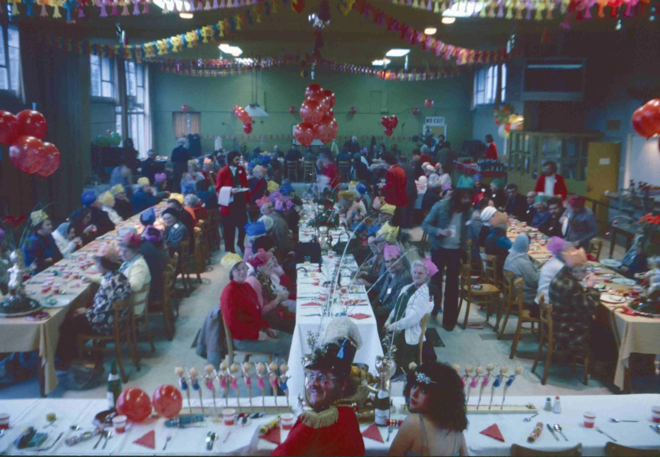 Bath Arts Workshop's Christmas Lunch at Stothert & Pitt canteen, 1977, Queen Elizabeth II's silver jubilee year. Courtesy of Museum of Bath