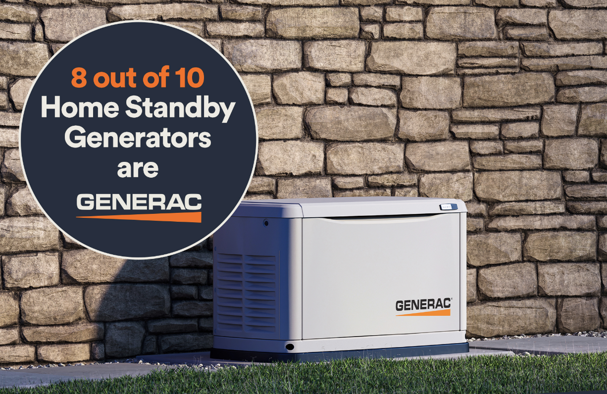 Home standby generator by Generac installed outside on a concrete pad in front of a stone wall with grass in the foreground.