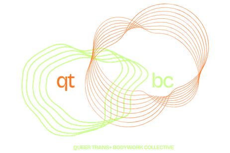 Two waves, one neon green, one neon orange intertwining with the letters 'qt' in one and 'bc' in the other