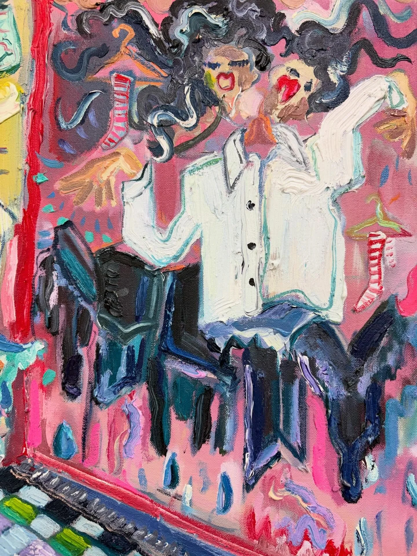 Sheila Rennick
Disco Disorder
The Lido Stores
25 April - 24 May 2026

Dutifully Distracted
Oil on canvas
50x 45cm
2026

Autobiographical narratives run throughout Sheila Rennick&rsquo;s work. Scenes of motherhood, domestic disruption, small-town memo