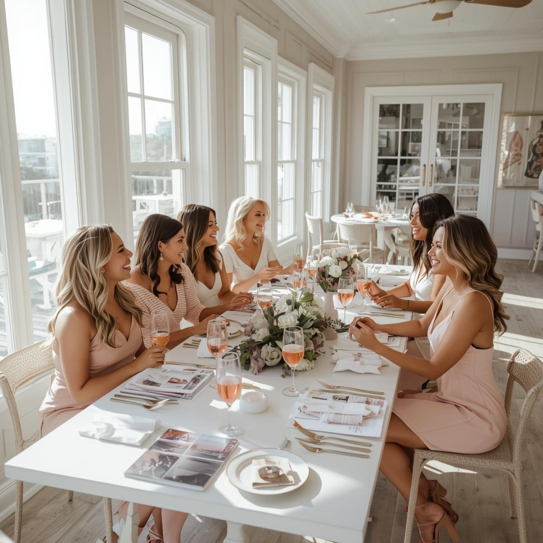 Seven women sitting at a well-decorated dining table, enjoying a meal and drinks in a bright, sunlit room with large windows and elegant decor.