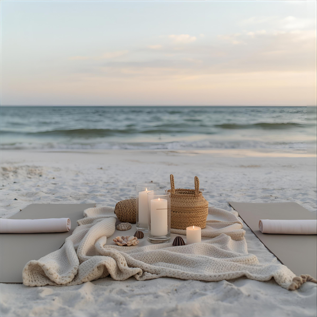 Beach setup with two mats, rolled towels, candles, seashells, and a woven basket, overlooking the ocean at sunset.