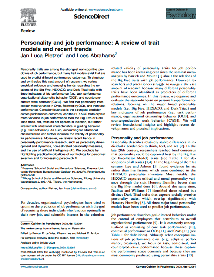 Personality and job performance: A review of trait models and recent trends