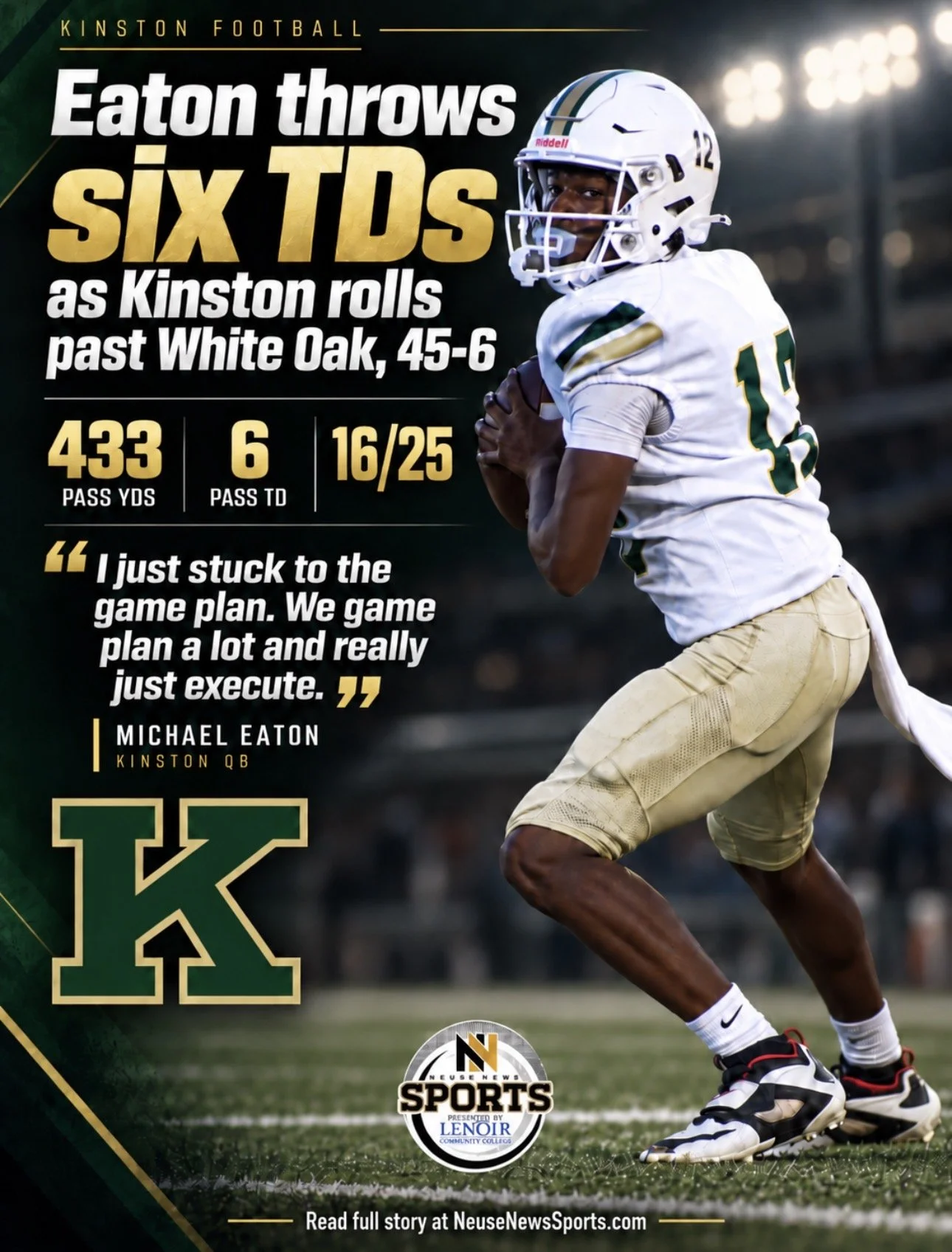 Eaton throws six TDs as Kinston rolls past White Oak, 45-6