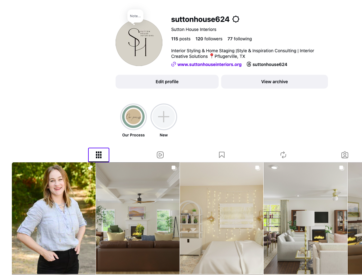 Instagram profile page of Sutton House Interiors with photos of interior design projects and a woman outdoors.