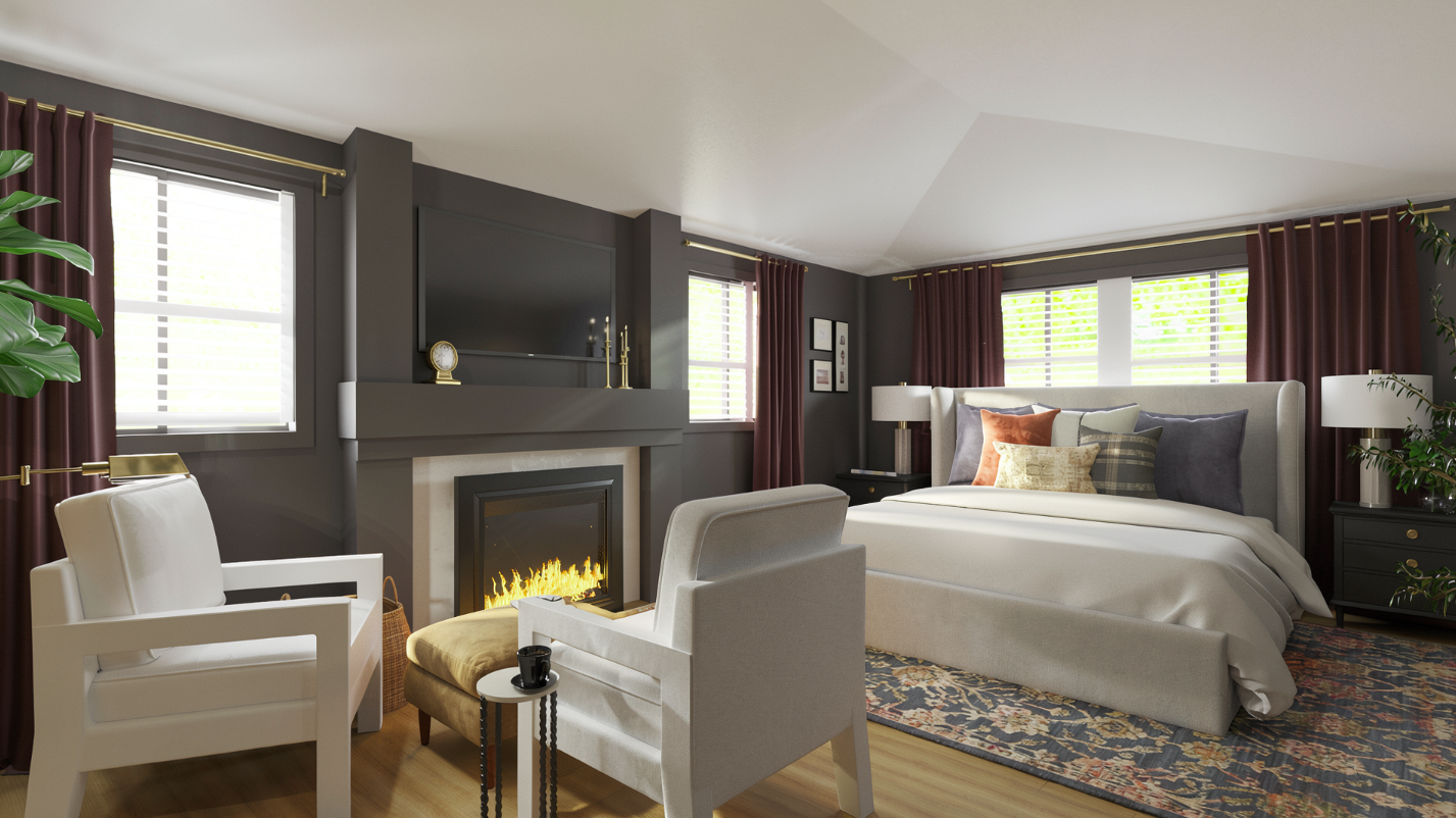 A cozy bedroom with a fireplace, plush bed, armchair, and large windows with curtains.