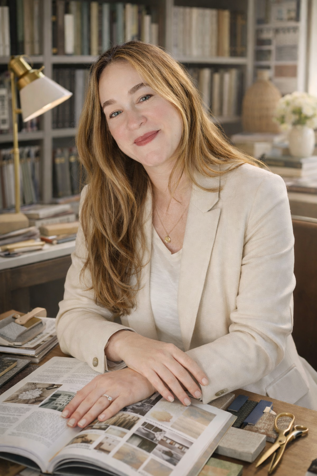 A woman with long red hair, wearing a cream blazer and white top, sitting at a desk with an open magazine, surrounded by design samples and scissors, in a home library or studio.