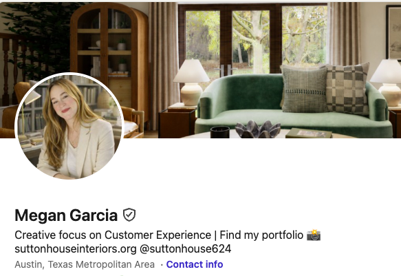 LinkedIn profile header with a living room background featuring large windows, a green sofa with patterned pillows, a side table, lamp, and curtains, along with a profile picture of a woman with long hair wearing a light-colored blazer.