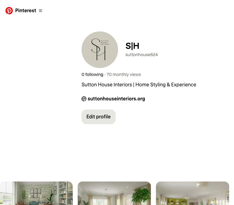 Pinterest profile page for Sutton House Interiors with three interior design images at the bottom.