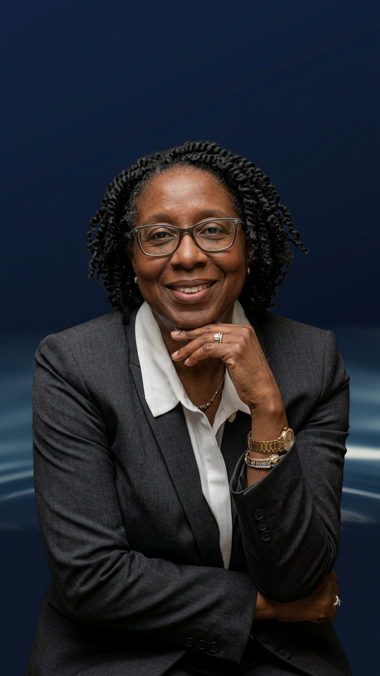 A middle-aged woman with braided gray hair, wearing glasses, a dark blazer, and a white collared shirt, smiling and resting her chin on her hand, against a dark blue background.
