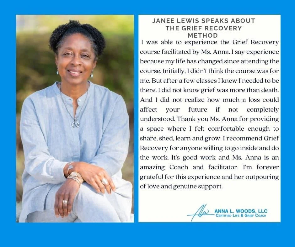 A woman in a light blue blouse sitting outdoors with green blurred background, smiling. Next to her is a white text box with a testimonial about a grief recovery method, signed by Anna L. Woods, LLC.